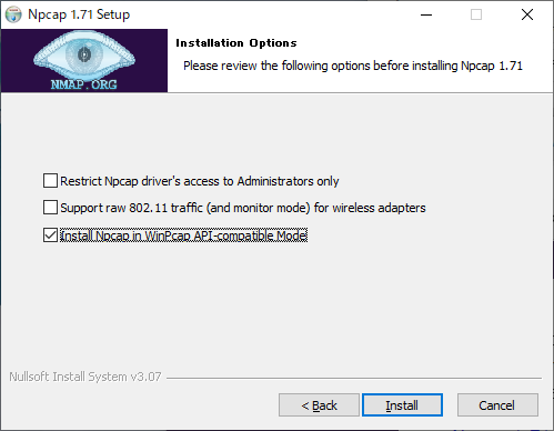 Install Npcap WinPcap API-compatible Mode